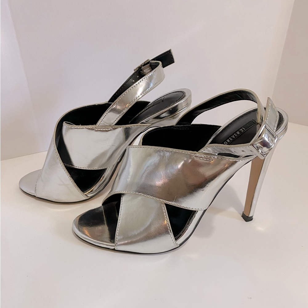 Silver Stiletto Heels with Strap - Size 6